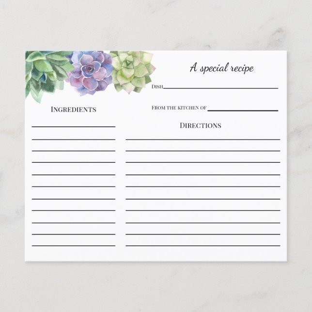 Carte de recette de douche nuptiale succulente (Devant)