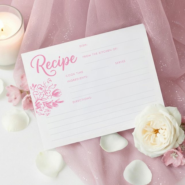 Carte de recette de fête de fiançailles capricieus (Pink Whimsical Hand Drawn Floral Bridal Shower Recipe Cards)