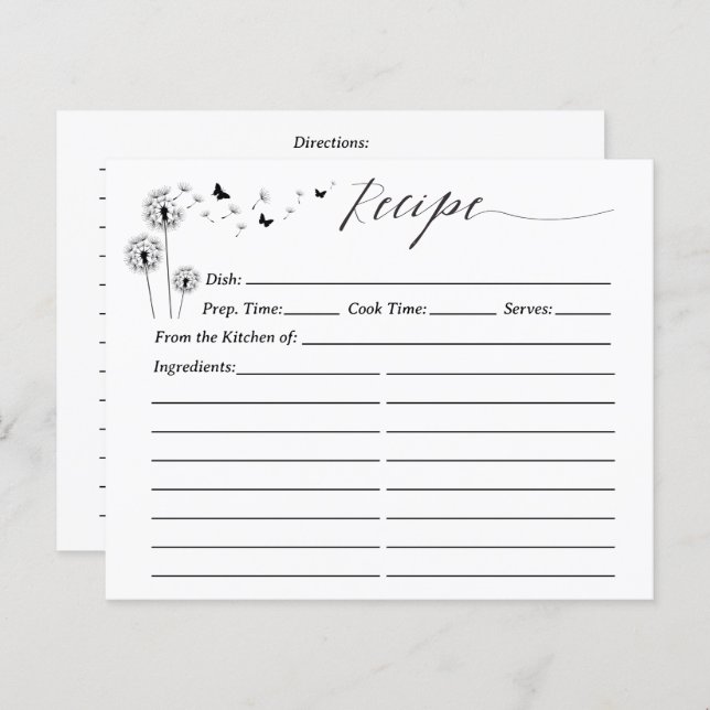 Carte de recette de fleurs de pissenlit minimalist (Devant / Derrière)