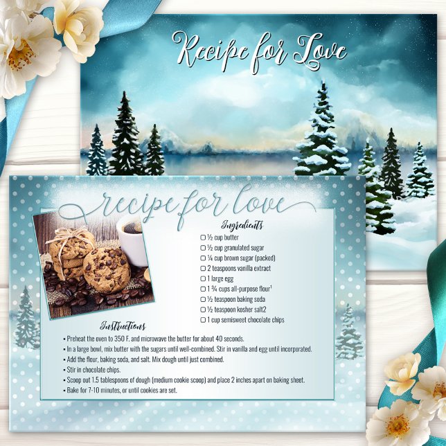 Carte de recette de la photo Winter Wonderland (Bridal photo recipe card featuring a watercolor painting of a winter wonderland landscape)