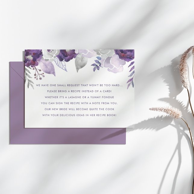 Carte de recette de mariage aquarelle violette et  (Purple & Silver Watercolor Wedding Recipe Card)
