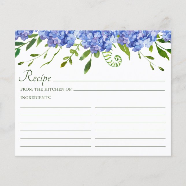 Carte de recette de mariage aux Hortensias Bleus  (Devant)