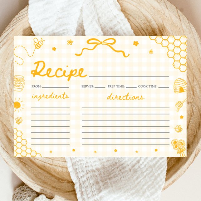 Carte de recette de mariage de l'abeille à carreau (Yellow Gingham Honey Bee Bridal Shower Recipe Card)