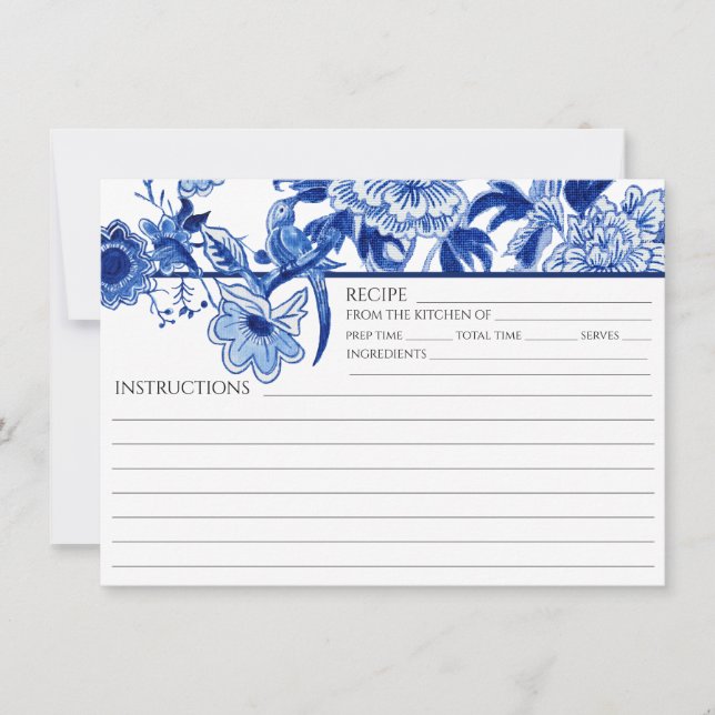Carte de Recette de Mariage Oiseau Chinoiserie Ble (Devant)