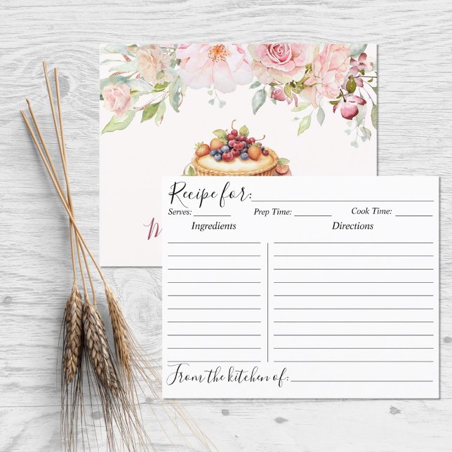 Carte de recette de pâtisserie Fleur de rose rose  (Front and Back)