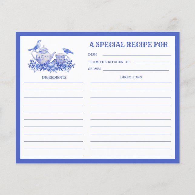 Carte de recette du set de thé floral bleu et blan (Devant)