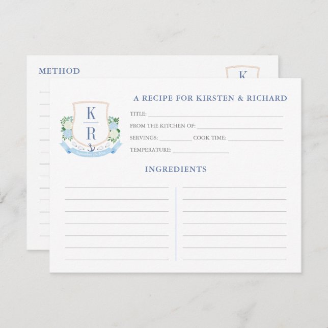 Carte de recette Elegant Coastal Monogram Fête des (Devant / Derrière)