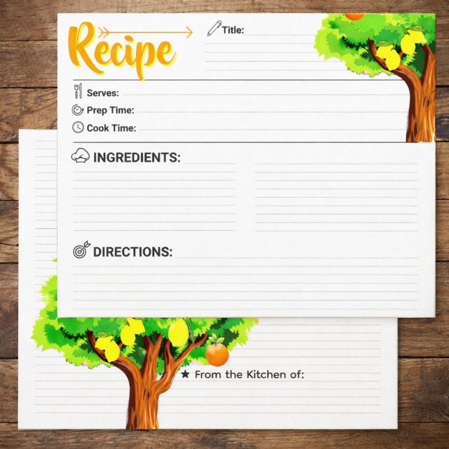 Carte de recette élégante de citron - Vierge recto (watercolor lemon recipe cards, refill recipe binder sheets, handwritten recipe keepsake gift)