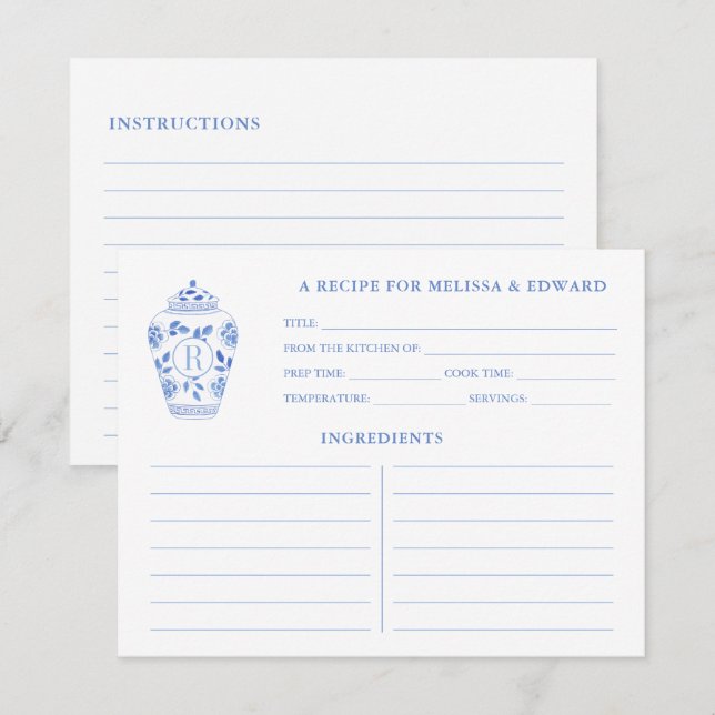Carte de recette en Chinoiserie Chic Bleu Blanc Mo (Devant / Derrière)