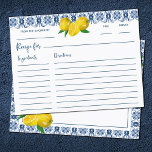 Carte de recette Fête des mariées citron bleu ital<br><div class="desc">Un joli carrelage bleu italien et une carte de recette mariage. Amusant pour les invités à remplir et apporter une recette à la douche nuptiale. Conçu pour vous par Blackberry Boulevard.</div>