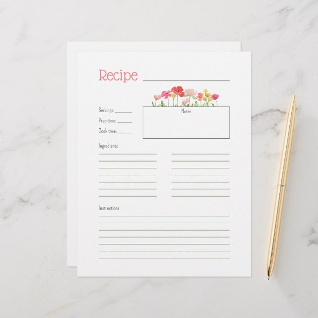 Carte de recette Fleur sauvage aquarelle (Devant/Arrière en situation)