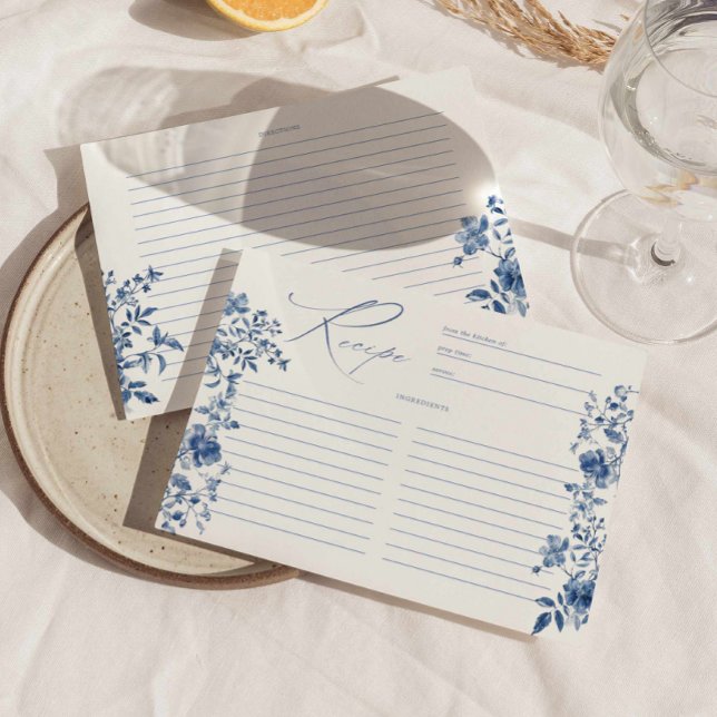 Carte de recette Floral Toile Bleu (something blue toile floral bridal shower recipe card, victorian vintage flowers recipe card )