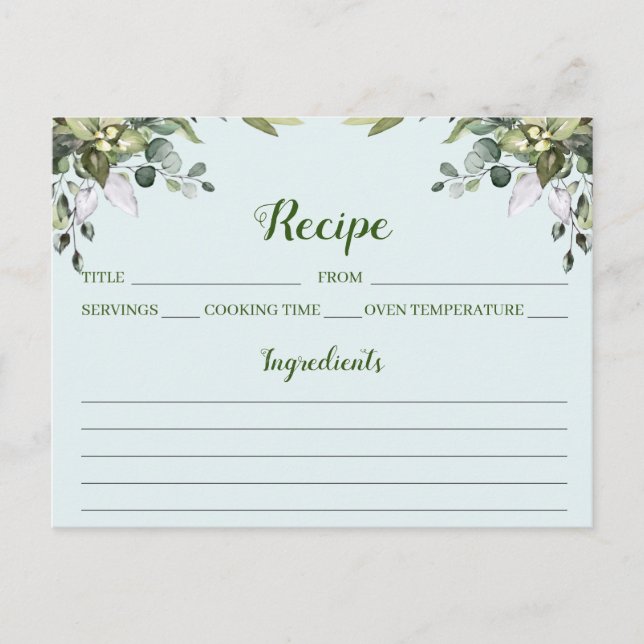 Carte de recette florale Eucalyptus Watercolor (Devant)