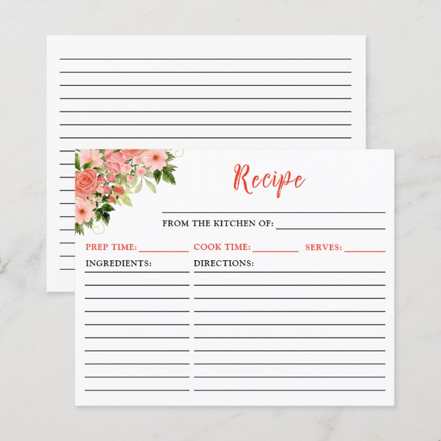 Carte de recette florale Roses roses corail rouges (Devant / Derrière)
