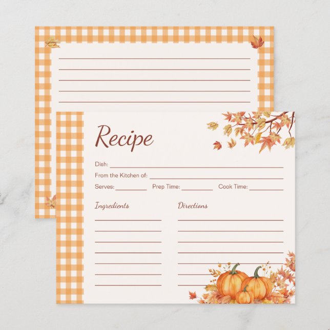 Carte de recette Gingham de récolte de citrouille  (Devant / Derrière)