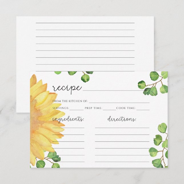 Carte de recette minimaliste tournesol aquarelle (Devant / Derrière)