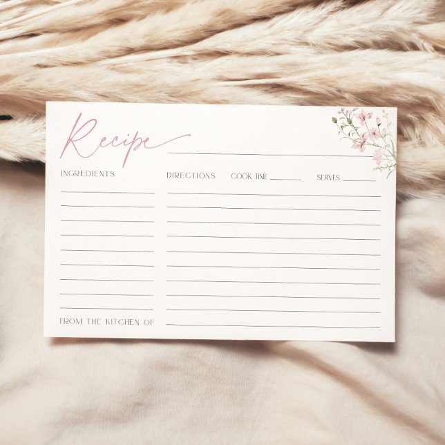 Carte de recette pour la mariée Fleur sauvage rose (Recipe card with blush pink flowers for bridal shower)
