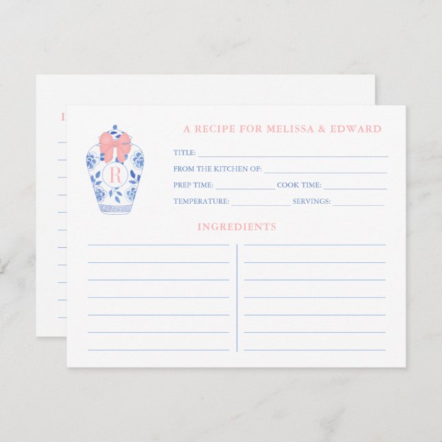 Carte de recette Preppy Rose Blanc Bleu Monogramme (Devant / Derrière)
