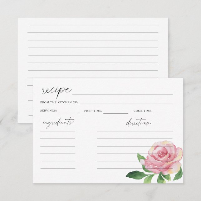 Carte de recette Rose aquarelle (Devant / Derrière)
