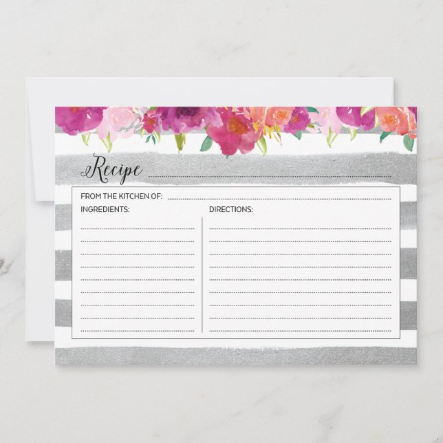 Carte de recette rose florale et argent (Devant)