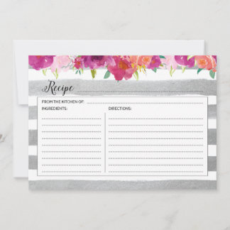 Carte de recette rose florale et argent