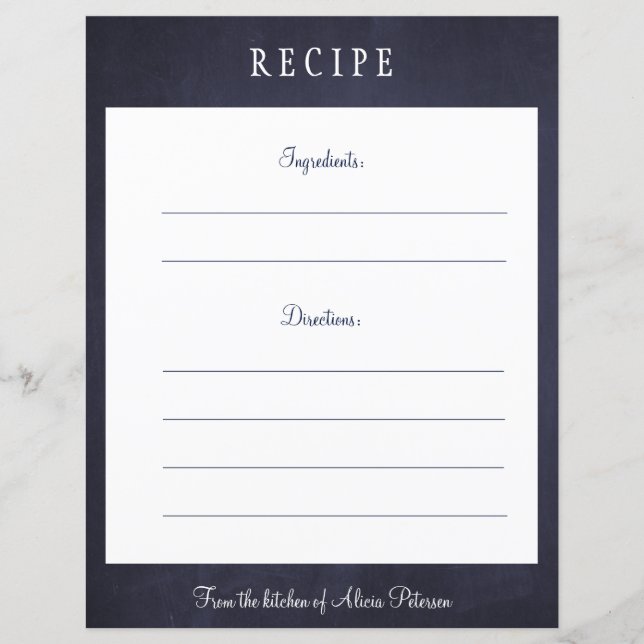 Carte de recette rustique et élégante marine (Devant)