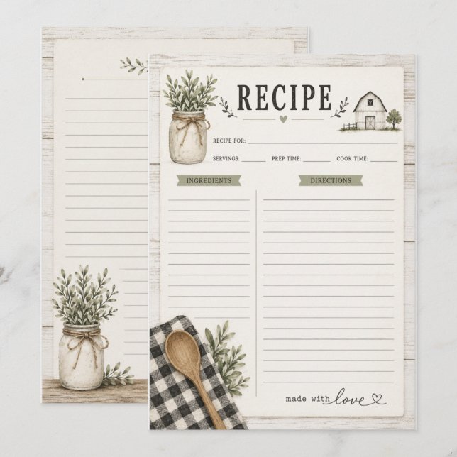 Carte de recette sur le thème de la ferme rustique (Devant / Derrière)