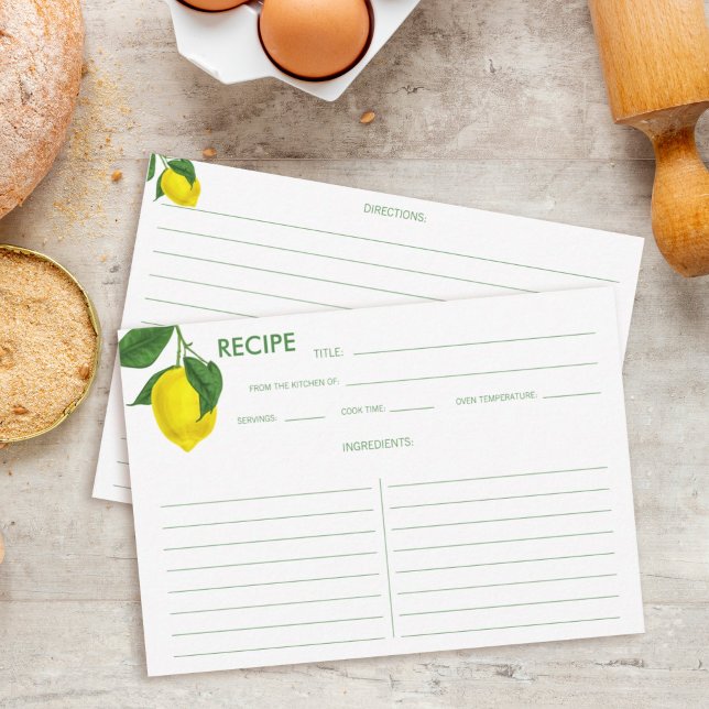Carte de recette verte Citrus citron jaune (Lemon Recipe card with a green text and a lemon hanging from the corner.)