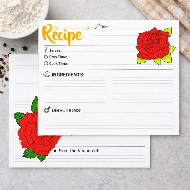 Carte de recette vierge double face avec fleurs mi (cute floral recipe card, red flower recipe pages)