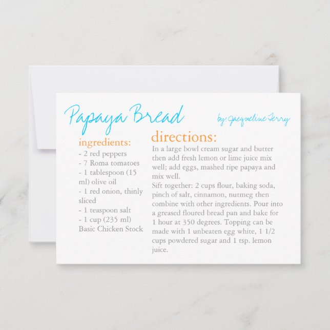 Carte de recette | Votre Recette Turquoise Orange (Devant)