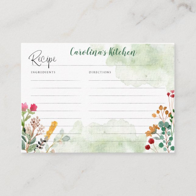 Carte de recettes avec fleurs sauvages aquarelle (Devant)