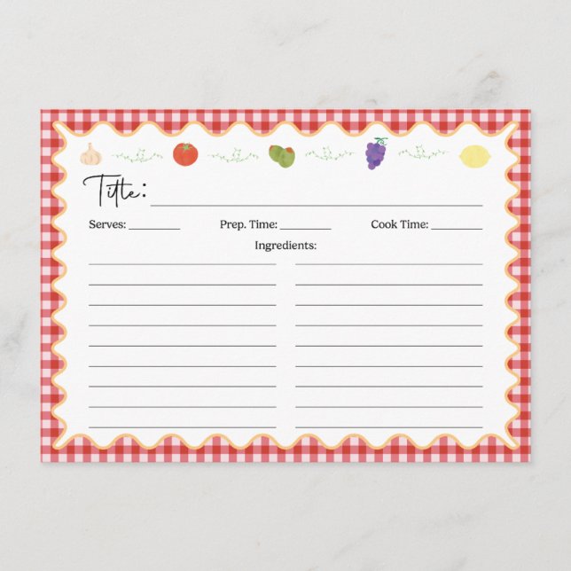 Carte de recettes de cuisine italienne classique (Devant)