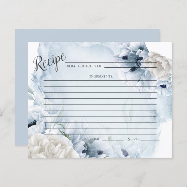 CARTE DE RECETTES | Fleurs bleues rustiques aquare (Devant / Derrière)