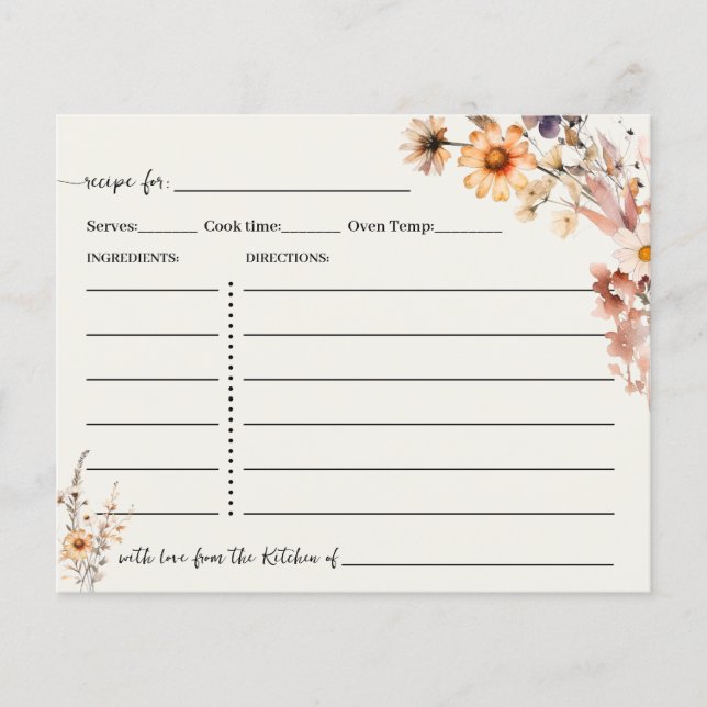 Carte de recettes Fleurs sauvages d'automne Boho C (Devant)