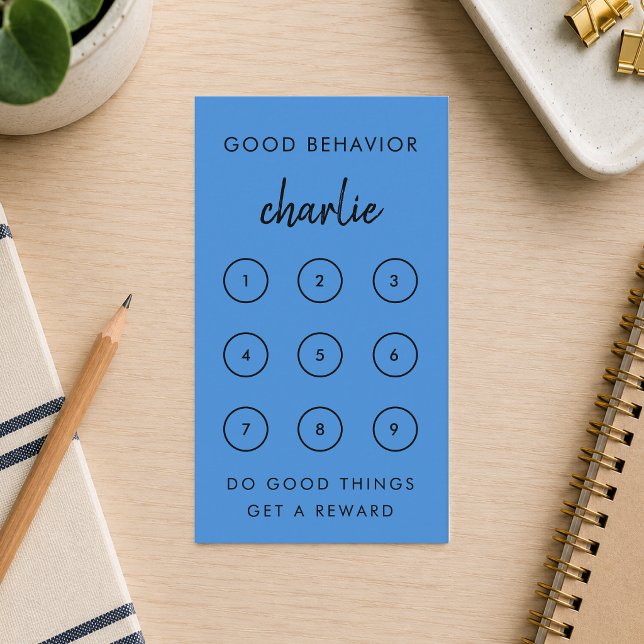 Carte de Récompense | Cartes de Ponctuation de Bon (Blue personalized reward card for kids to track chores, routines and good behavior.)