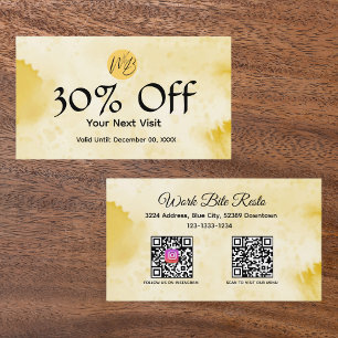Carte De Réduction Aquarelle Jaune Restaurant Qr Code Menu et