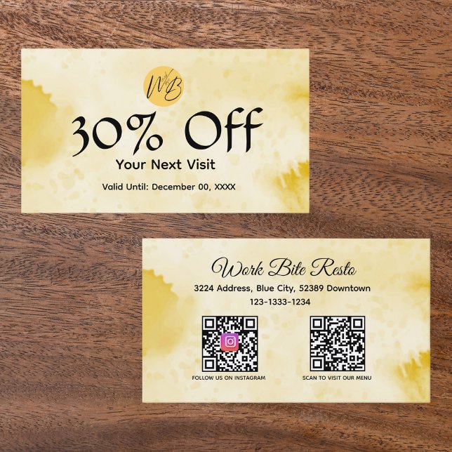Carte De Réduction Aquarelle Jaune Restaurant Qr Code Menu et (Créateur téléchargé)