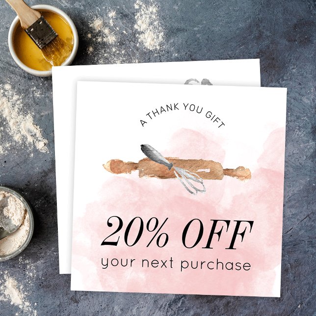 Carte De Réduction Boulangerie Pâtisserie Chef Logo Aquarelle rose Re (Elegant blush pink watercolor bakery or catering business thank you discount cards)