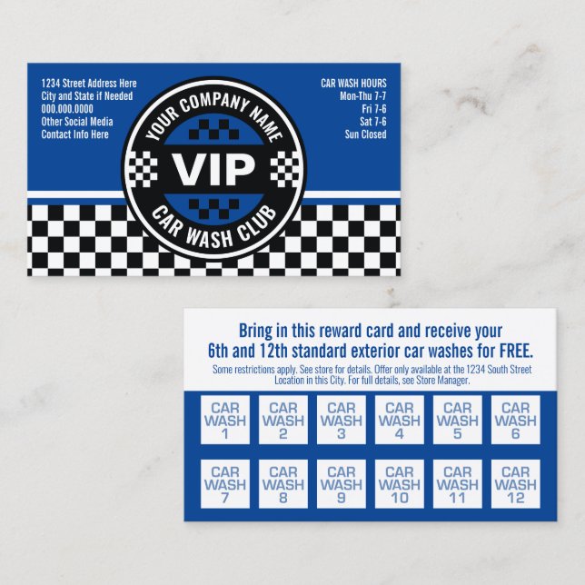 Carte De Réduction Car Wash Club - Racing À damiers Drapeau Rewards (Devant / Derrière)