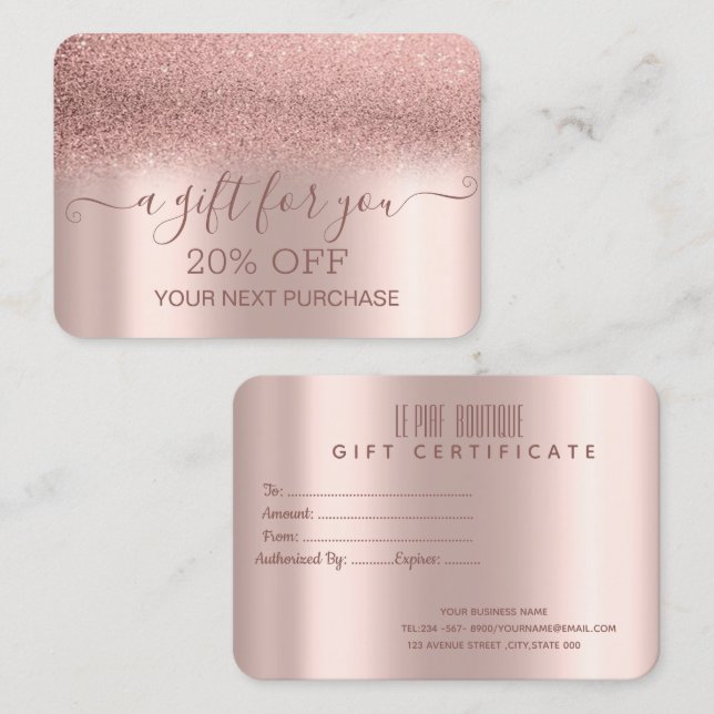 Carte De Réduction Chic Elegant Rose Gold Parties scintillant Ombre (Devant / Derrière)