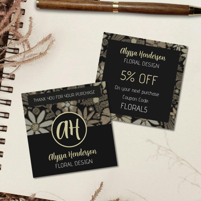 Carte De Réduction Code promo élégant floral marron et noir Logo (Créateur téléchargé)