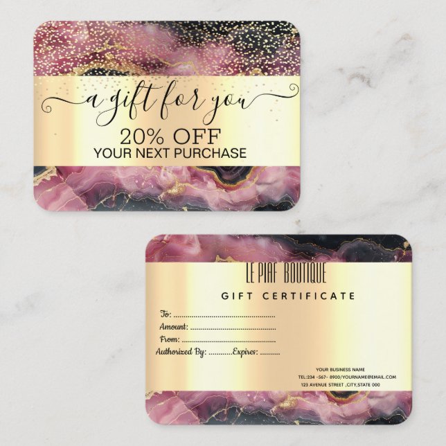Carte De Réduction Confetti doré chic, Marbre bordeaux doré (Devant / Derrière)