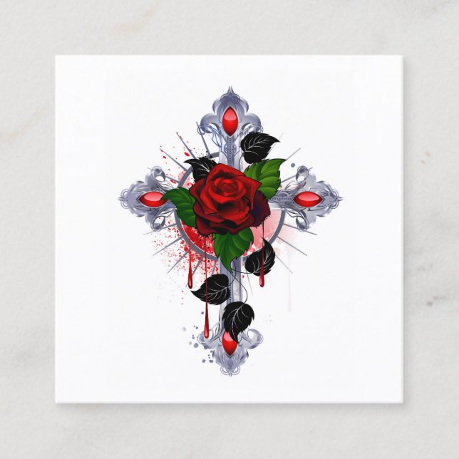 Carte De Réduction Croix d'argent avec une rose rouge (Devant)