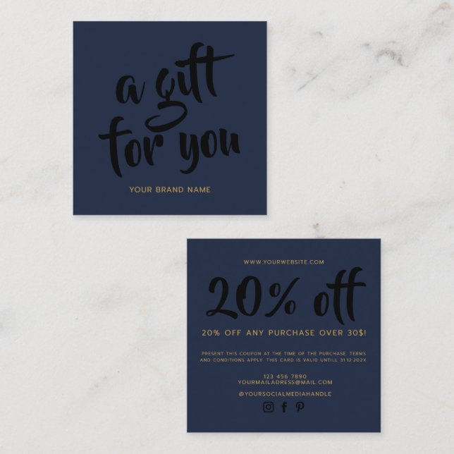 Carte de réduction de coupon de script bleu marine (Devant / Derrière)