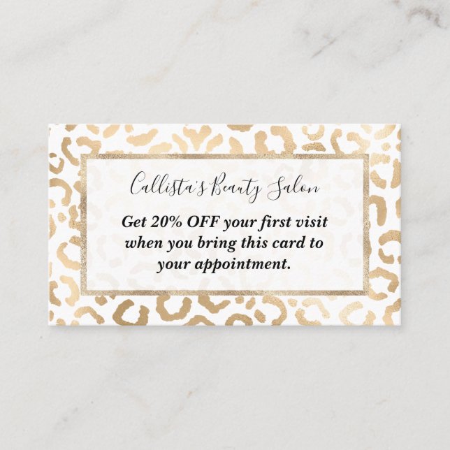 Carte De Réduction Elegant Gold White Leopard Cheetah Animal Print (Devant)