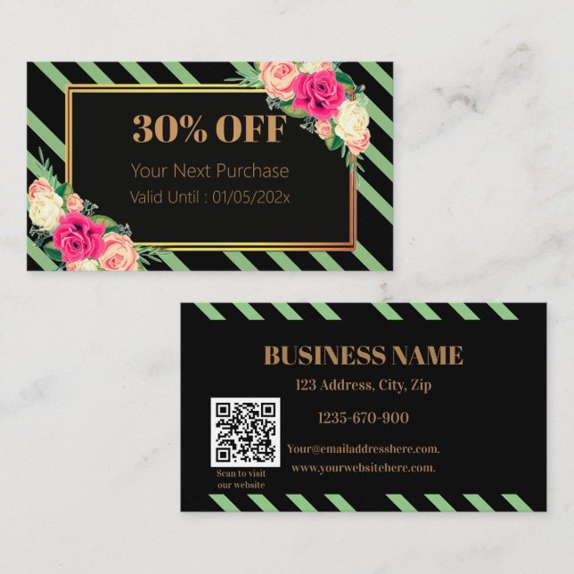 Carte De Réduction Elegant Pink Floral Stripes QR Code Discount Card (Devant / Derrière)