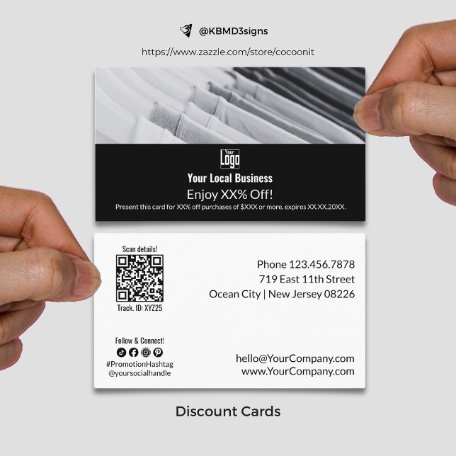 Carte De Réduction Entreprise locale promotionnelle moderne XX% (Modern Promotional Local Business XX% Discount Card, landscape Format, Black and White, Custom Image)