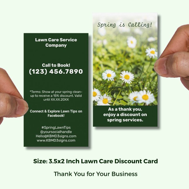 Carte De Réduction Entretien de pelouse Merci ! sur les services de p (Lawn Care Thank you! on Spring Services Discount Card; Size 3.5x2 (US) Portrait Format)