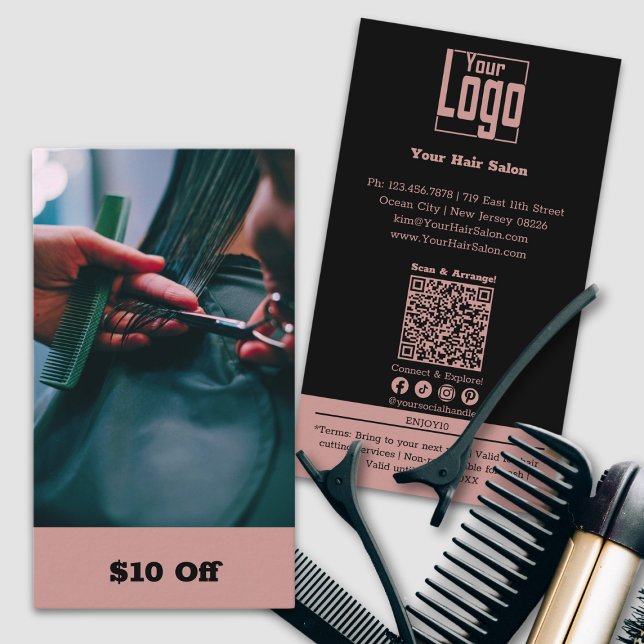 Carte De Réduction Image de coiffeur tendance $10 Off (Trendy Hairdresser Image $10 Off Discount Card, Custom Photo, Tuscany Pink & Black)
