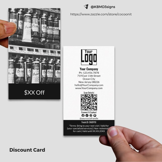 Carte De Réduction Image personnalisée tendance $XX Off (Trendy Custom Image $XX Off Discount Card for Specific Service Black and White)